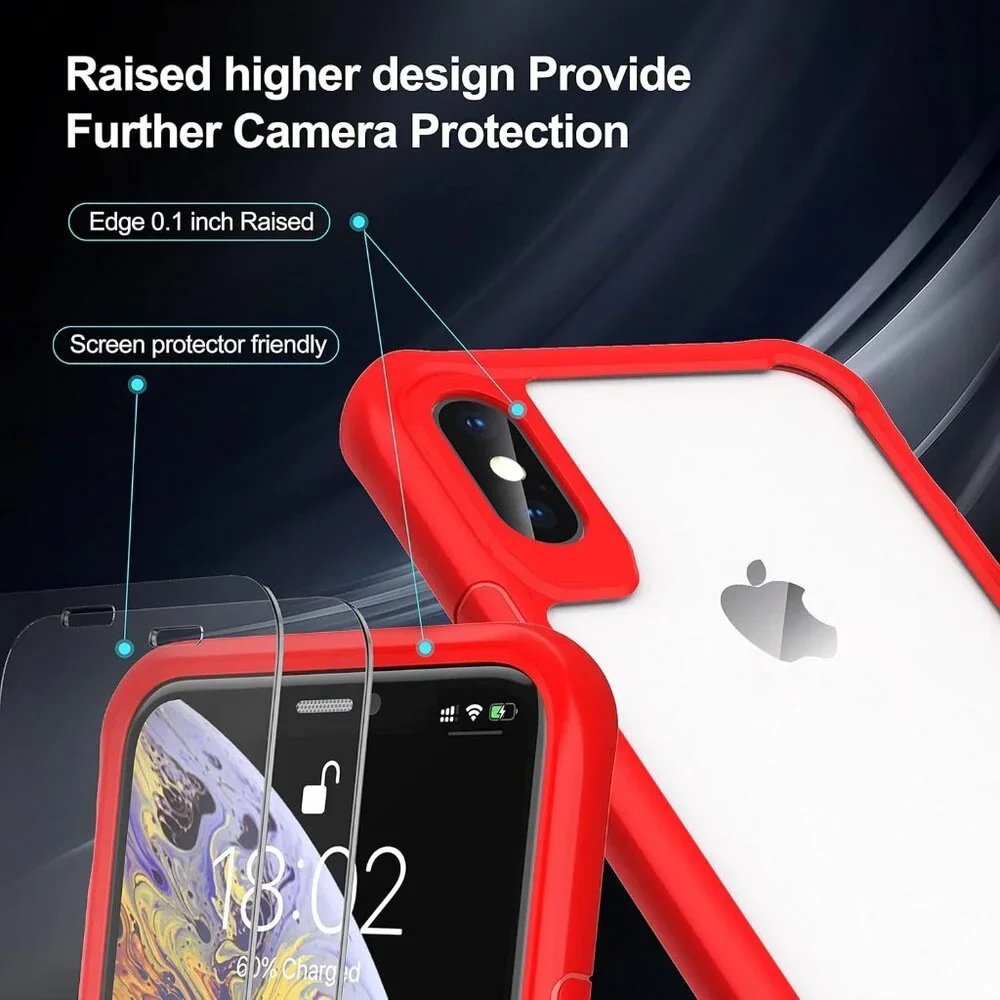 case for iPhone X/XS with 2 Tempered Glass Screen Protectors red and clear